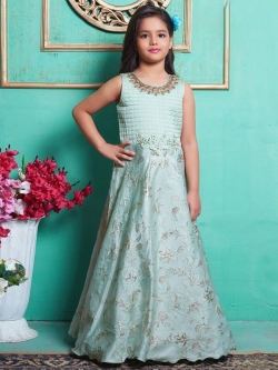 Ice Green Jacquard  Zardoshi With Paral With  Emblellishment Work Girls Gown