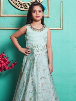 Ice Green Jacquard  Zardoshi With Paral With  Emblellishment Work Girls Gown