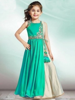 Aqua Green Cream Paper Silk Zardoshi With Paral With  Emblellishment Work Girls Gown