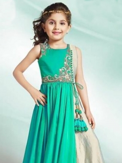 Aqua Green Cream Paper Silk Zardoshi With Paral With  Emblellishment Work Girls Gown