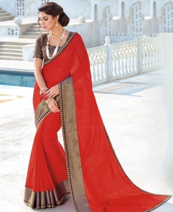 Red Chiffon Stone Work, Lace Border Border Sarees