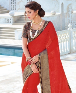 Red Chiffon Stone Work, Lace Border Border Sarees