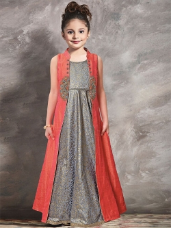 Strawberry Grey Mastani Silk & Paper Silk Zardoshi With Paral With  Emblellishment Work Girls Gown
