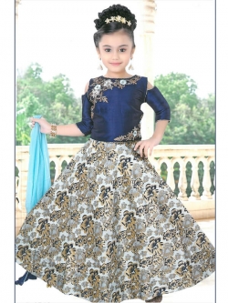 Navy Blue Phatam Silk  Hand Work With Zardosi With Peal With Resham Work Girls Gown