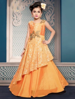 Gold Paper Silk & Foil Silk Zardoshi With Wayn Stoan Work Girls Gown