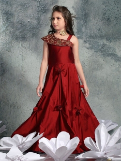 Rose Maroon Canton Silk Zardoshi Cutedana Beada With Stone Work Girls Gown