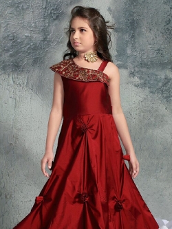 Rose Maroon Canton Silk Zardoshi Cutedana Beada With Stone Work Girls Gown