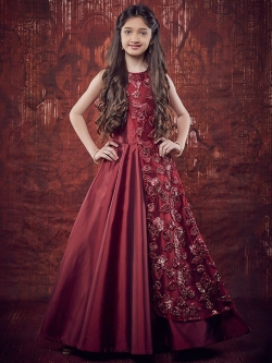 Maroon Soft Taffeta Ribbin With Jari Cottong Work Girls Gown