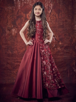 Maroon Soft Taffeta Ribbin With Jari Cottong Work Girls Gown