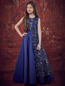 Neavy Blue Soft Taffeta Ribbin Withi Jari Cottong Work  Girls Gown