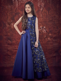 Neavy Blue Soft Taffeta Ribbin Withi Jari Cottong Work  Girls Gown