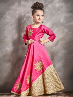 Lotus Pink & Cream Banarasi Silk Zardoshi, Moti Stoe With Embroidery Work Girls Gown