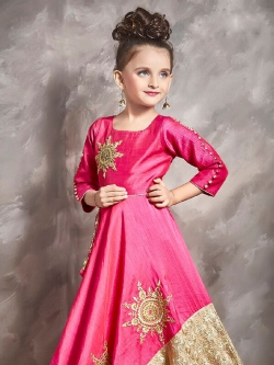 Lotus Pink & Cream Banarasi Silk Zardoshi, Moti Stoe With Embroidery Work Girls Gown