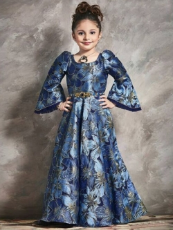 Denim Blue Malbari Silk With Digital Print Metal Peral With Stone Work Girls Gown