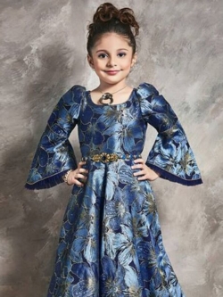 Denim Blue Malbari Silk With Digital Print Metal Peral With Stone Work Girls Gown