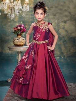 Maroon Canton Silk Zardoshi Work & Ston Work & Paral Work Girls Gown