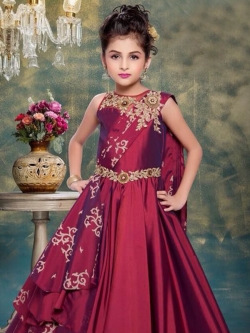 Maroon Canton Silk Zardoshi Work & Ston Work & Paral Work Girls Gown