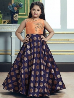 Peach Orange & Neavy Blue Jequard Silk & Malbon Silk Zardoshi & Ston Work & Paral Work Girls Gown