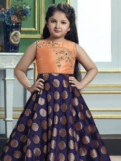 Peach Orange & Neavy Blue Jequard Silk & Malbon Silk Zardoshi & Ston Work & Paral Work Girls Gown