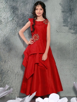 Rose Red Malbari Silk Zardosi Hand Work Girls Gown