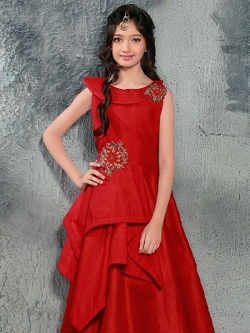 Rose Red Malbari Silk Zardosi Hand Work Girls Gown