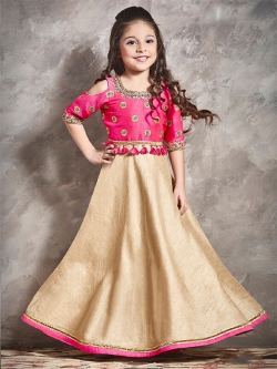 Cream & Pink Chennai Silk Reshan Tread Work Girls Gown