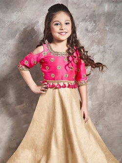 Cream & Pink Chennai Silk Reshan Tread Work Girls Gown