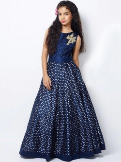 Carbon Blue Chennai Silk Hand Work Girls Gown