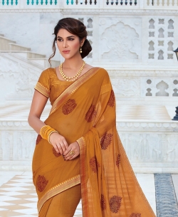 Mustard Chiffon Embroidered, Stone Work, Lace Border Border Sarees