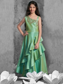 Pista Green Malbari Silk Zardosi Work Girls Gown