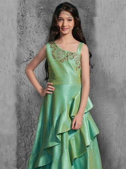 Pista Green Malbari Silk Zardosi Work Girls Gown