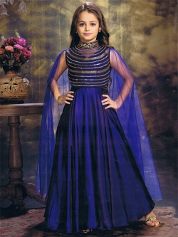 Indigo Blue Silk With Net Zardosi Work, Moti With Sequence Work Girls Gown