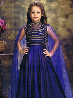 Indigo Blue Silk With Net Zardosi Work, Moti With Sequence Work Girls Gown