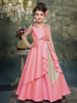 Baby Pink Silk Zardosi Cotdana With Emblished Stone Work Girls Gown