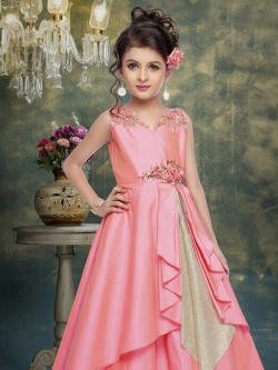 Baby Pink Silk Zardosi Cotdana With Emblished Stone Work Girls Gown
