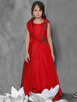 Bridal Red Canton Silk Metal Peral With Stone Work Girls Gown