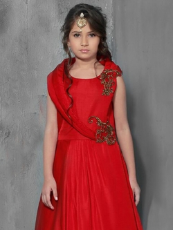 Bridal Red Canton Silk Metal Peral With Stone Work Girls Gown