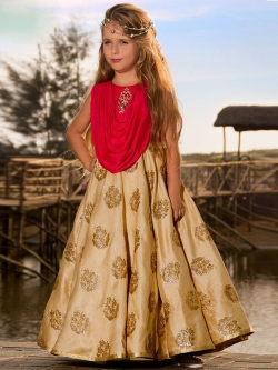 Cream And Red Banarasi Silk & Laycra Zardosi Work & Embroidery Girls Gown