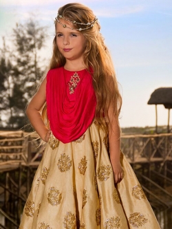 Cream And Red Banarasi Silk & Laycra Zardosi Work & Embroidery Girls Gown