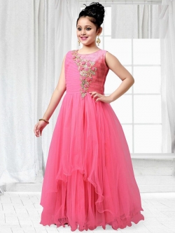 Baby Pink Soft Net Zardosi Work & Embroidery Girls Gown