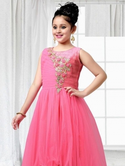 Baby Pink Soft Net Zardosi Work & Embroidery Girls Gown