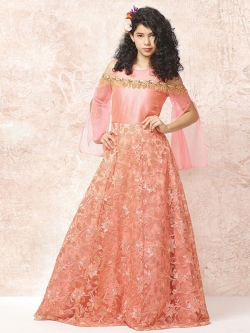 Orange Net & Silk Thread Embroidery Girls Gown