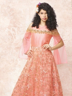 Orange Net & Silk Thread Embroidery Girls Gown