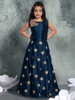 Teal Green Bhagalpuri Silk Thread Embroidery Girls Gown