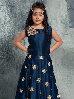 Teal Green Bhagalpuri Silk Thread Embroidery Girls Gown