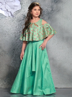 Mint Green Fanttom Jardosi & Thread Work Girls Gown