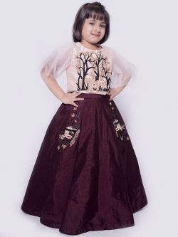 Peach Twill Silk Thread Embroidery Girls Gown