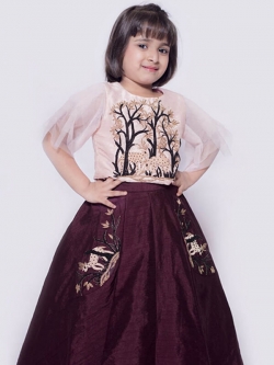 Peach Twill Silk Thread Embroidery Girls Gown