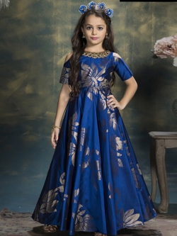 Navy Blue Heavy Tafetta Jequard Thread Embroidery Girls Gown