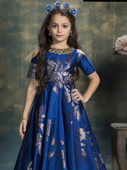 Navy Blue Heavy Tafetta Jequard Thread Embroidery Girls Gown